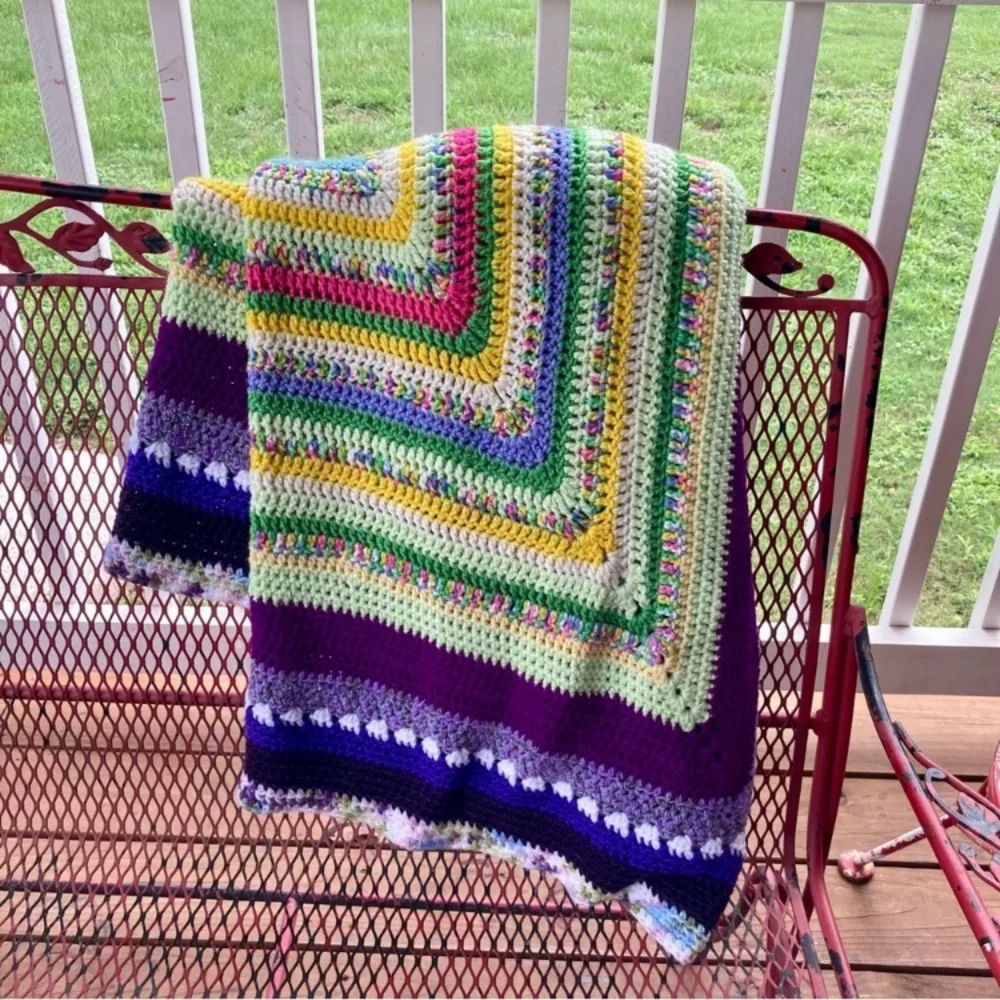 Small Handmade Crocheted Throw Blanket 54” x 52” Purple Green Yellow Pink